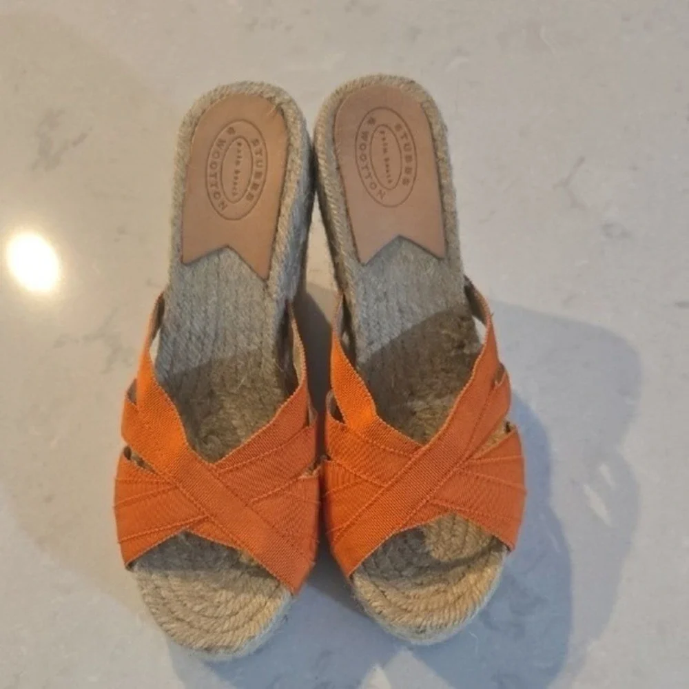 Stubbs & Wootton Orange Grosgrain Espadrille Wedge Sandals Palm Beach Slides